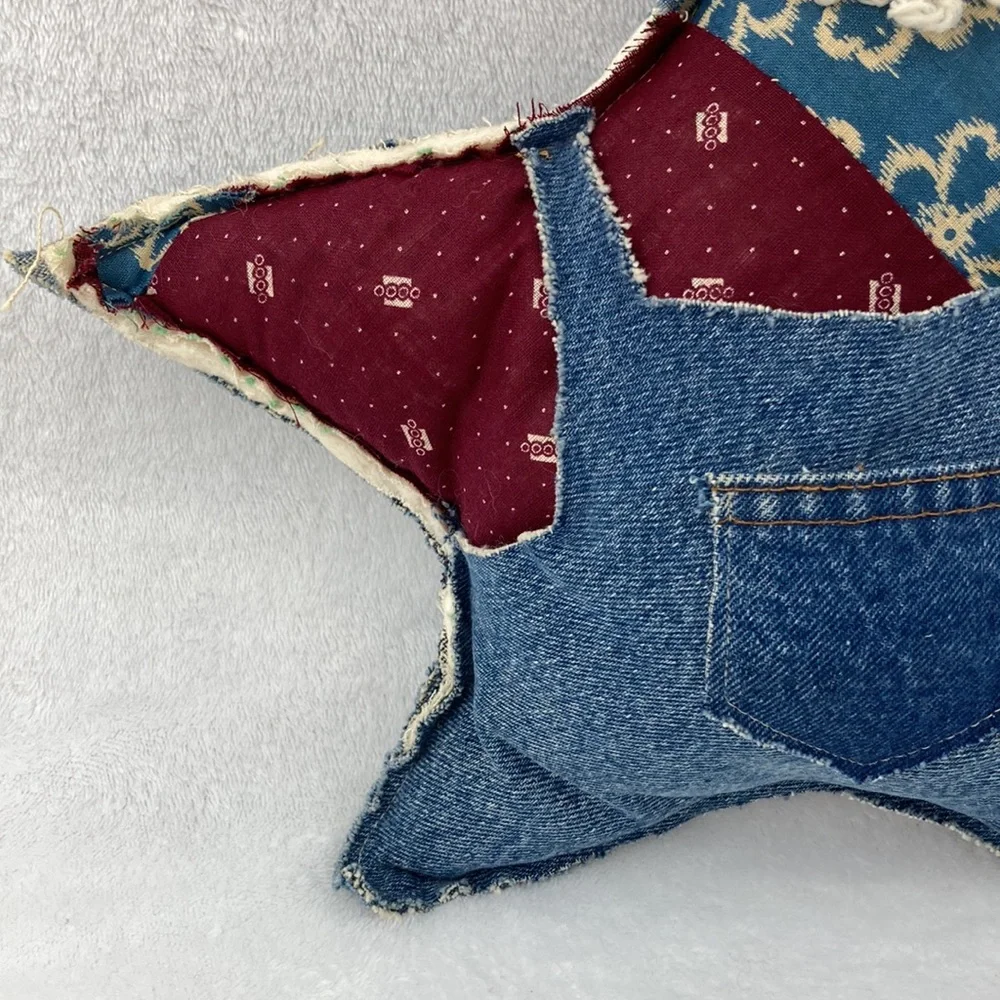 Handcrafted VTG Folkart Rustic Denim Santa Star Pillow Decor 12”